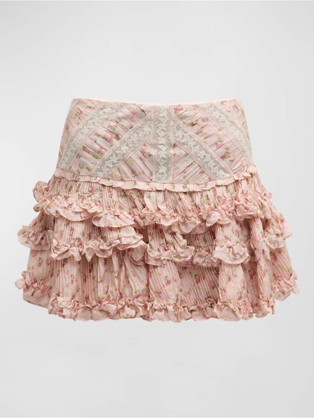 LoveShackFancy Pink Floral Ruffle Mini Skirt